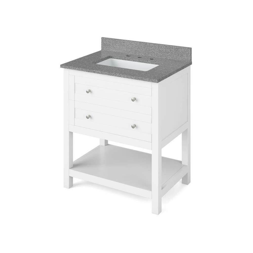 30'' White Astoria Vanity, Steel Grey Cultured Marble Vanity Top, undermount rectangle b