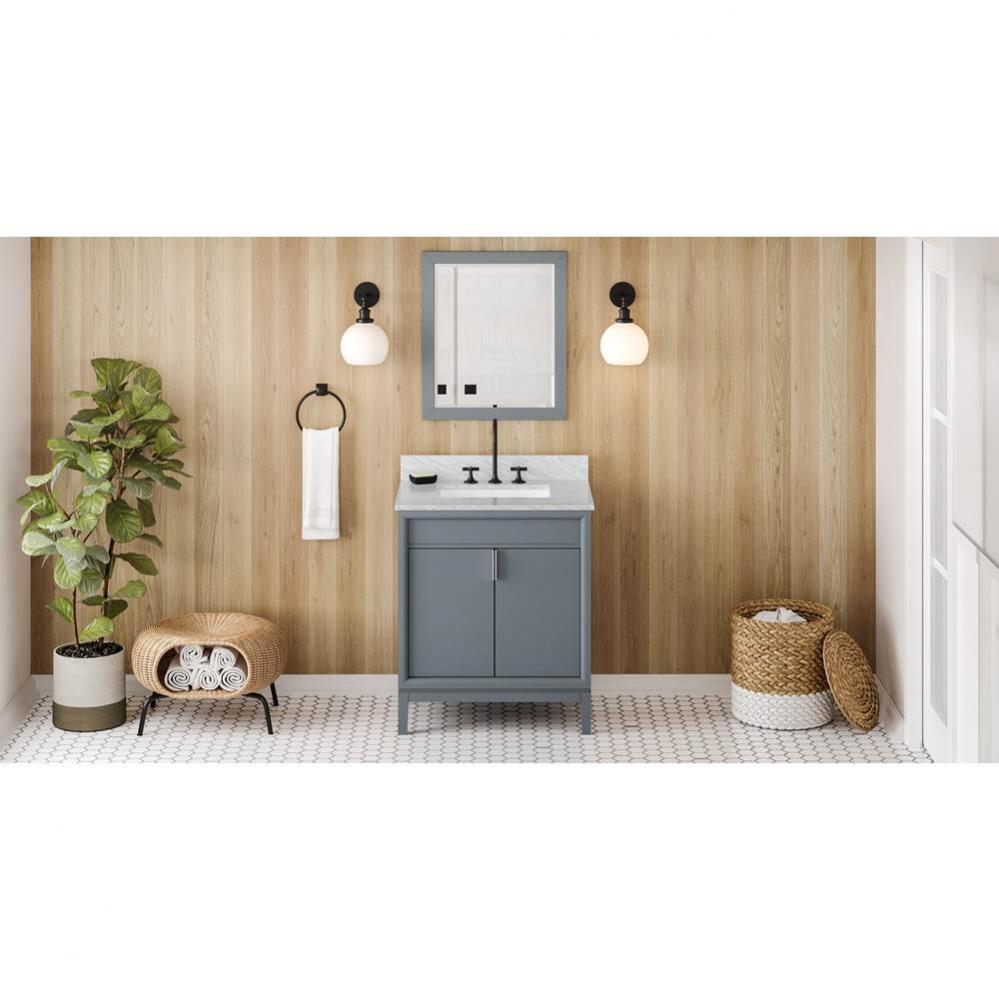 30'' Blue Steel Theodora Vanity, White Carrara Marble Vanity Top, Undermount Rectangle B