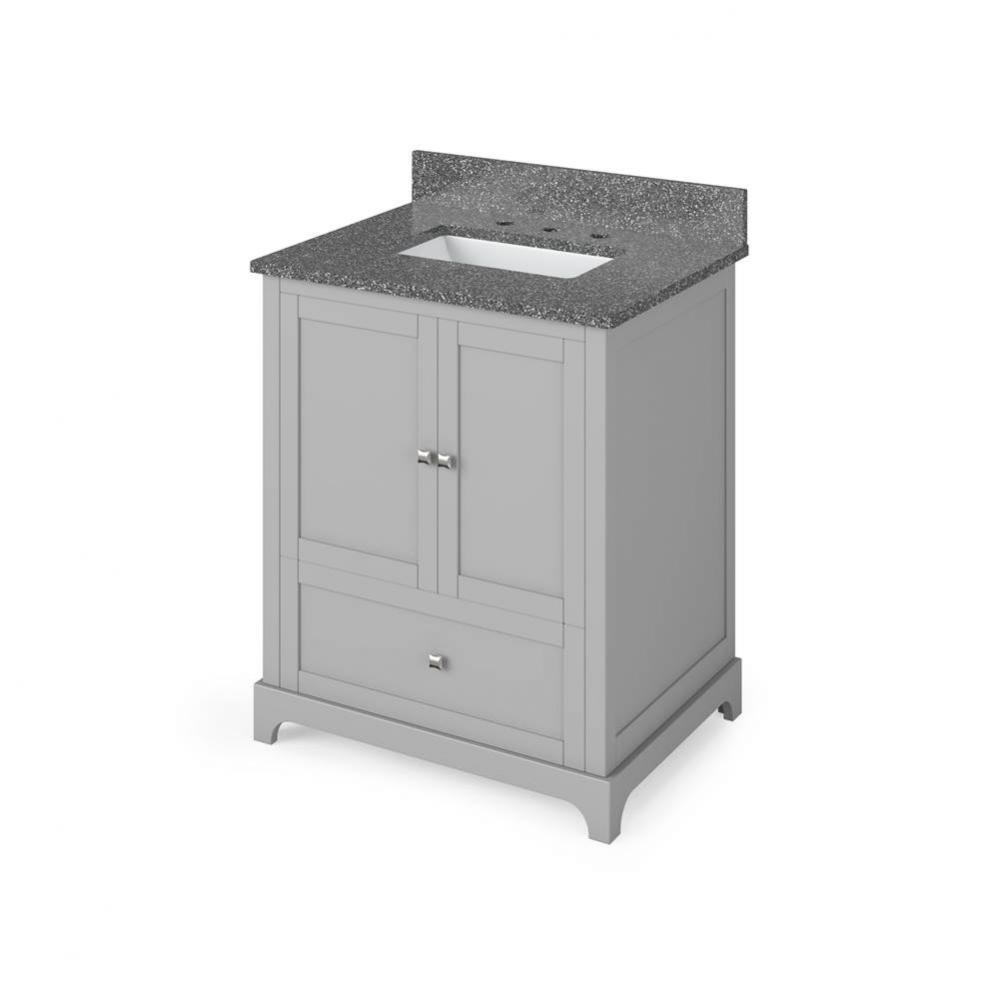 30'' Grey Addington Vanity, Boulder Cultured Marble Vanity Top, undermount rectangle bow