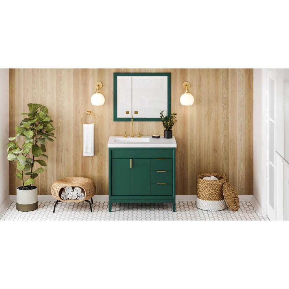 36'' Forest Green Theodora Vanity, Left Offset, Lavante Cultured Marble Vessel Vanity To