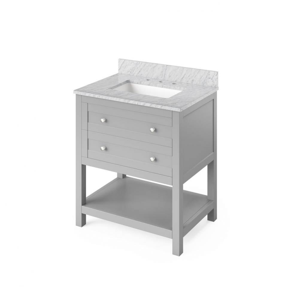 30'' Grey Astoria Vanity, White Carrara Marble Vanity Top, undermount rectangle bowl