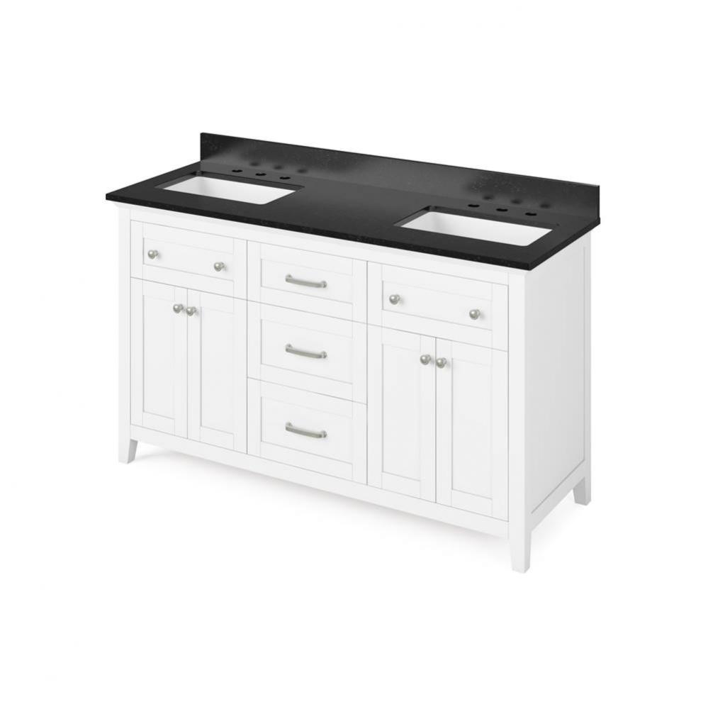 60'' White Chatham Vanity, double bowl, Black Granite Vanity Top, two undermount rectang