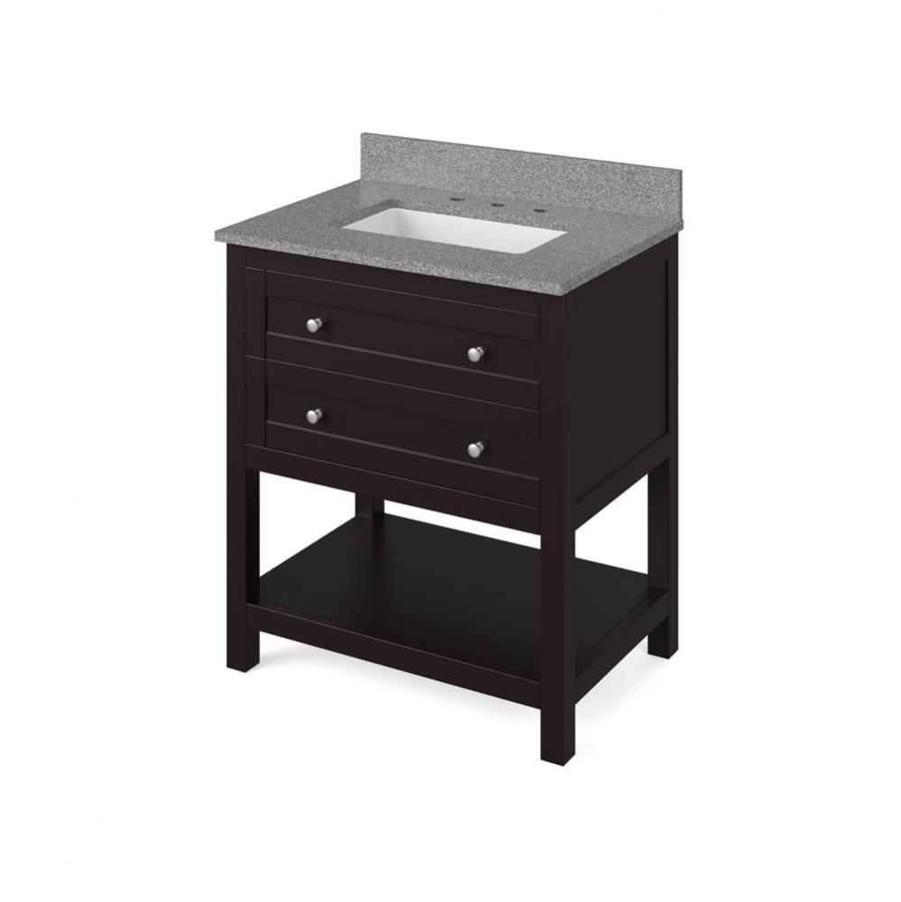 30'' Espresso Astoria Vanity, Steel Grey Cultured Marble Vanity Top, undermount rectangl