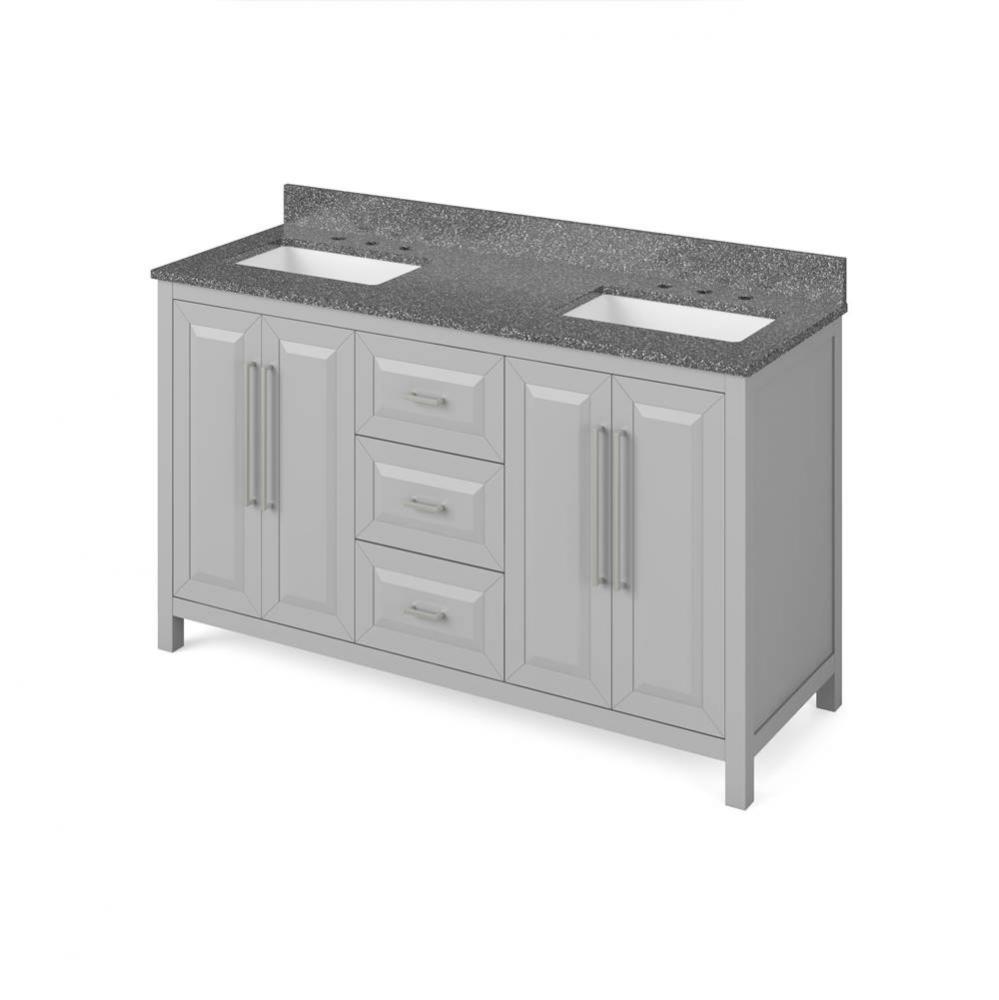 60'' Grey Cade Vanity, double bowl, Boulder Cultured Marble Vanity Top, undermount recta