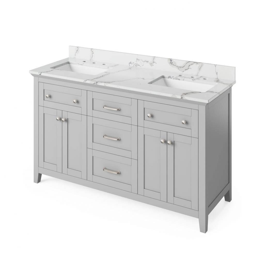 60'' Grey Chatham Vanity, double bowl, Calacatta Vienna Quartz Vanity Top, two undermoun