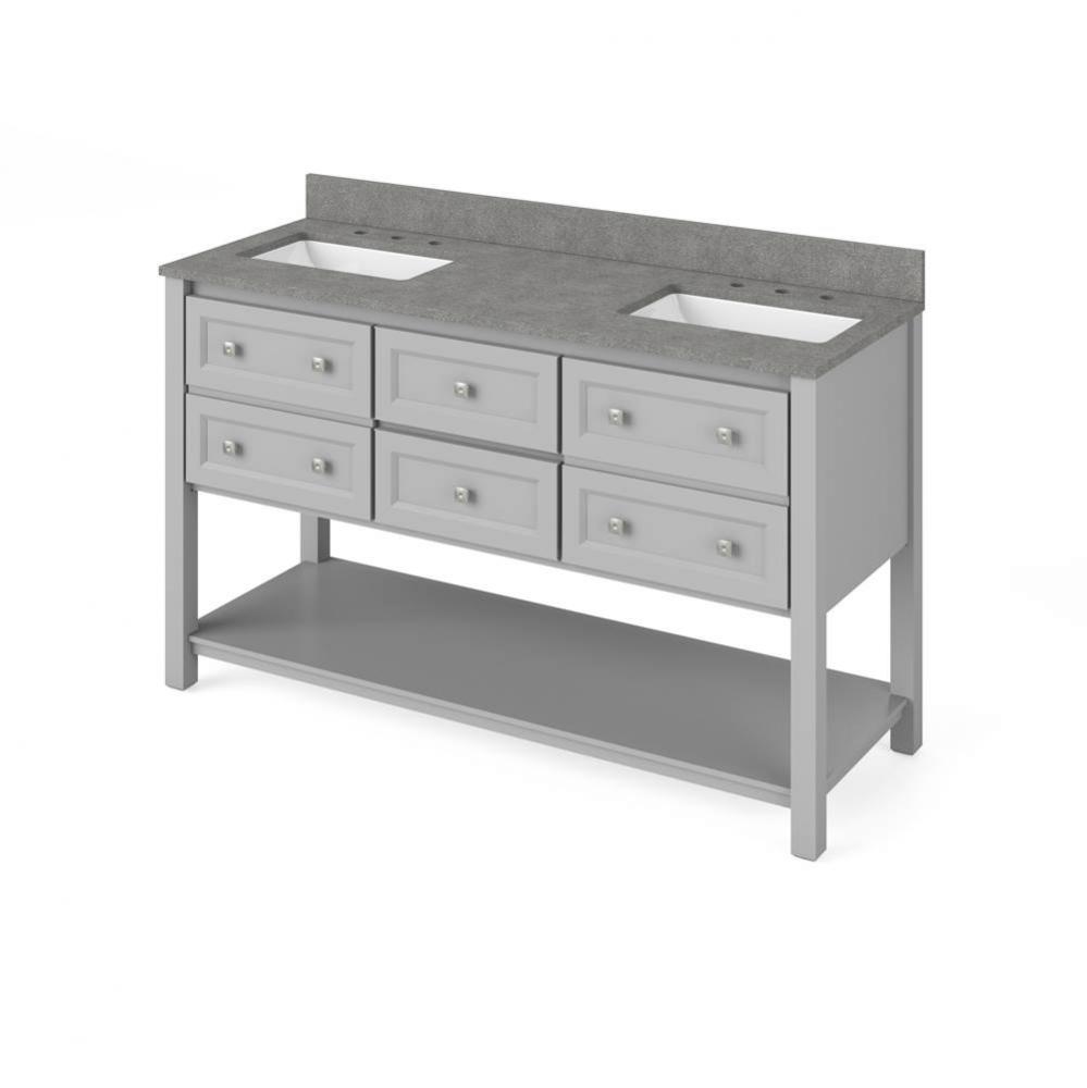 60'' Grey Adler Vanity, double bowl, Steel Grey Cultured Marble Vanity Top, two undermou