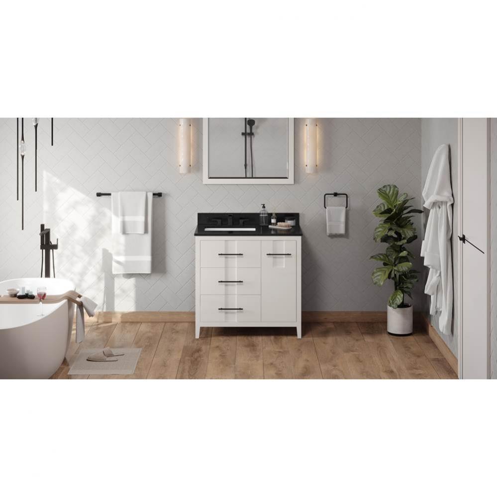 36'' White Katara Vanity, Left Offset, Black Granite Vanity Top, Undermount Rectangle Bo