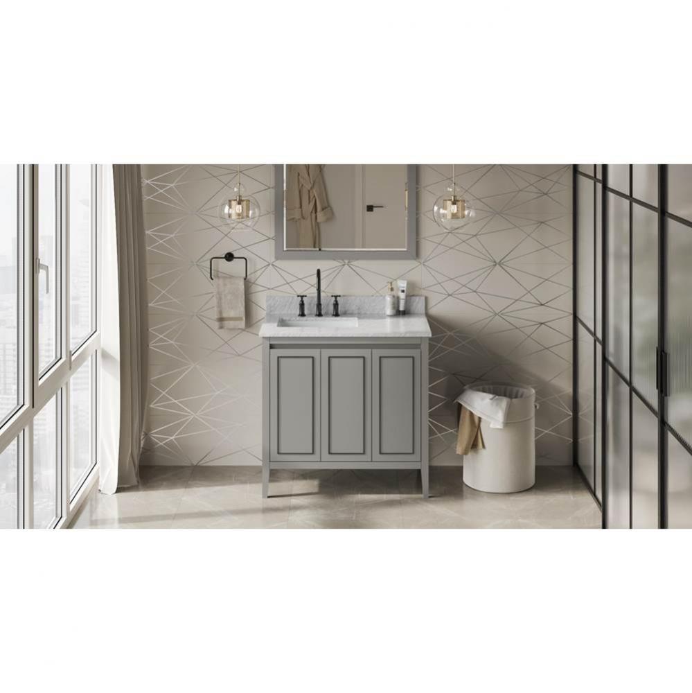 36'' Grey Percival Vanity, Left Offset, White Carrara Marble Vanity Top, Undermount Rect