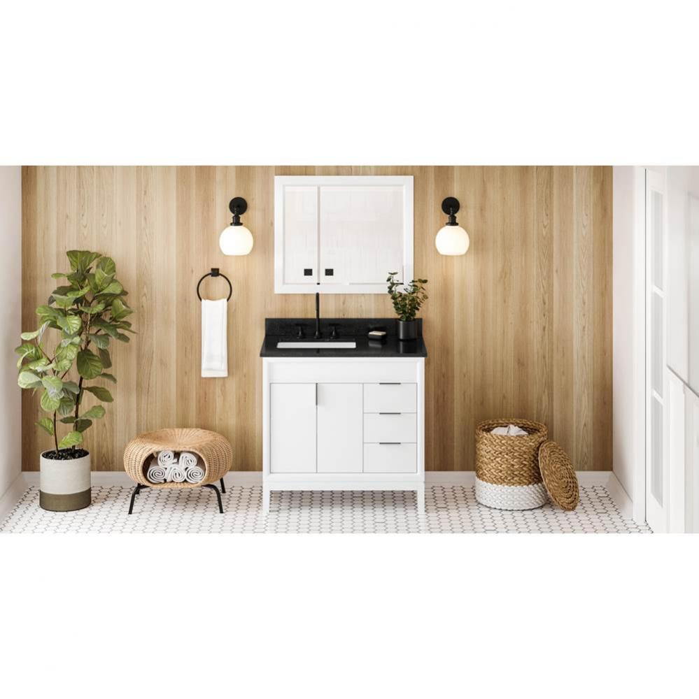 36'' White Theodora Vanity, Left Offset, Black Granite Vanity Top, Undermount Rectangle