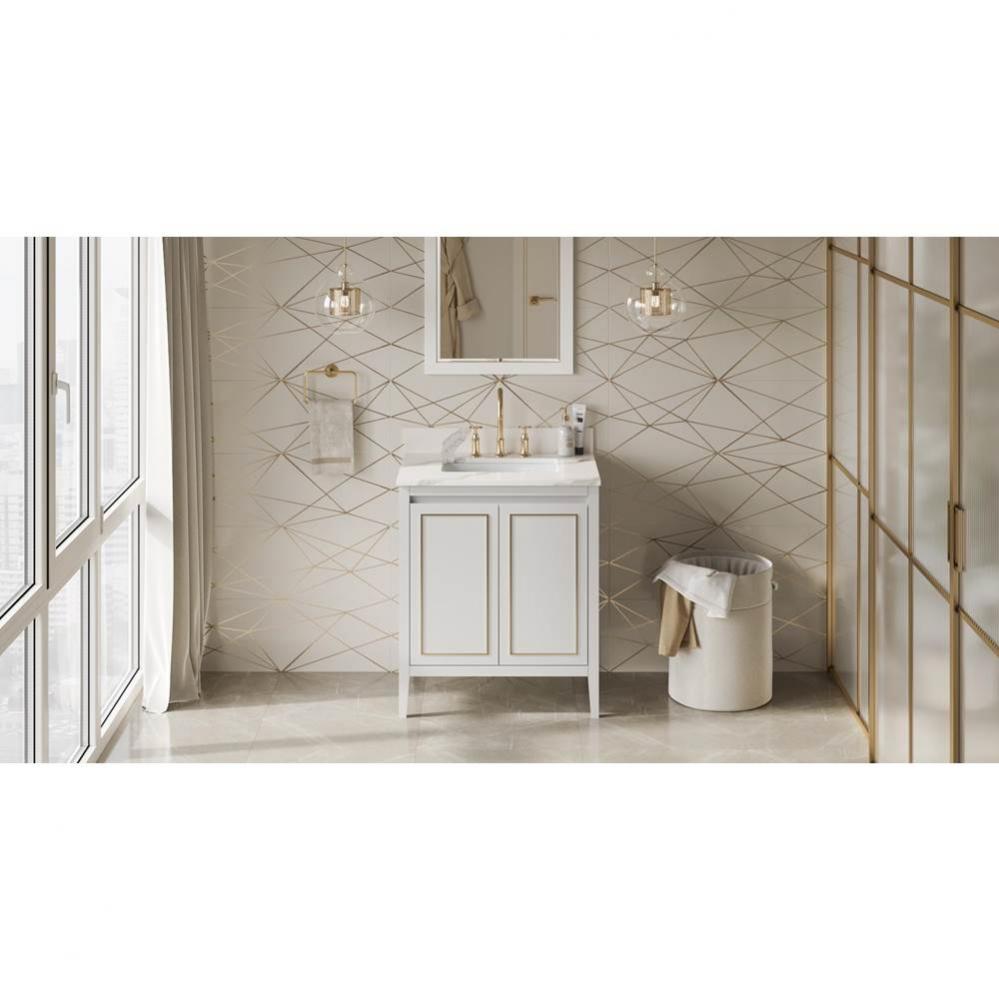 30'' White Percival Vanity, Calacatta Vienna Quartz Vanity Top, Undermount Rectangle Bow