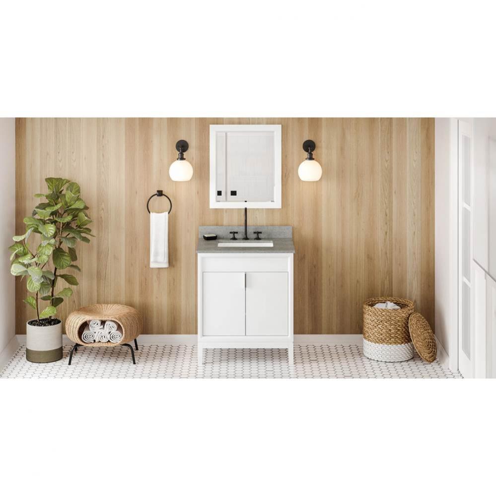 30'' White Theodora Vanity, Steel Grey Cultured Marble Vanity Top, Undermount Rectangle