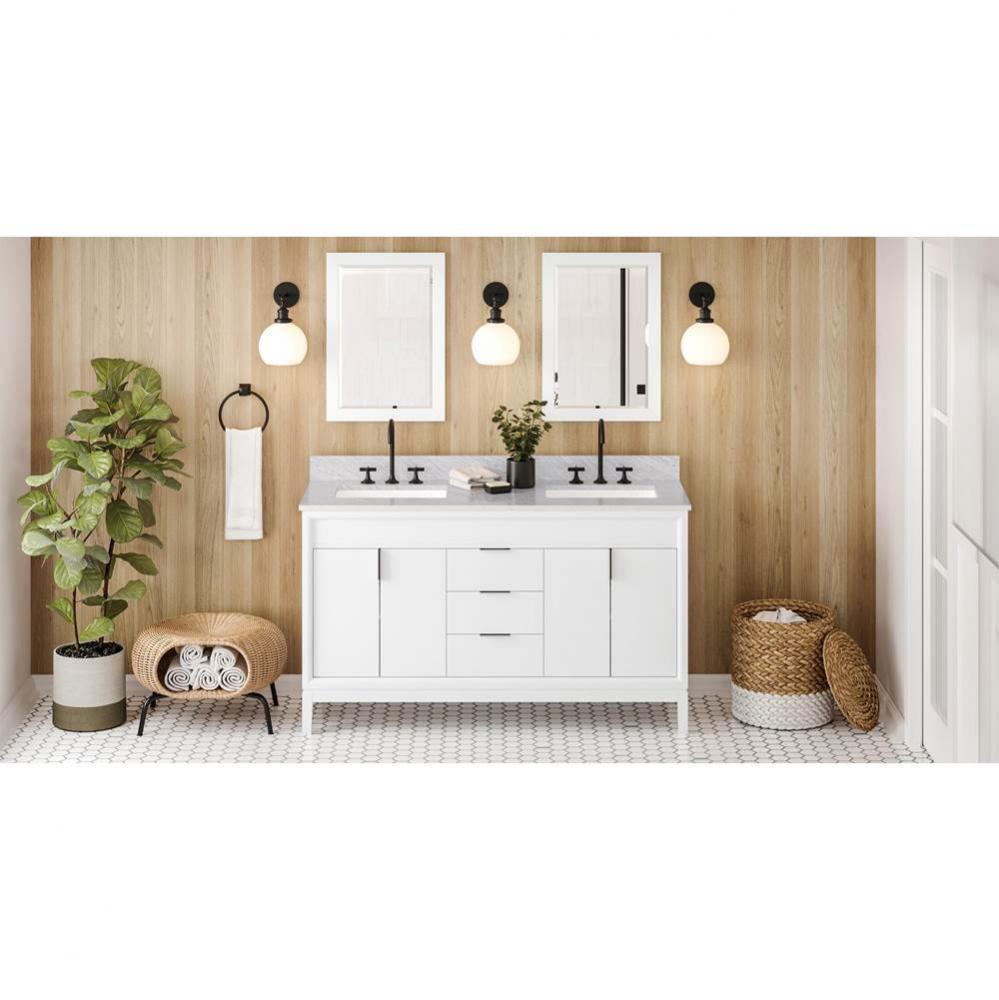 60'' White Theodora Vanity, Double Bowl, White Carrara Marble Vanity Top, Two Undermount