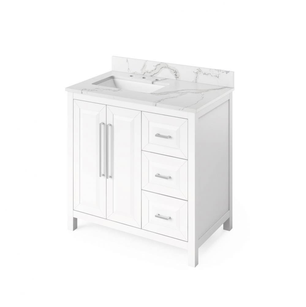 36'' White Cade Vanity, left offset, Calacatta Vienna Quartz Vanity Top, undermount rect