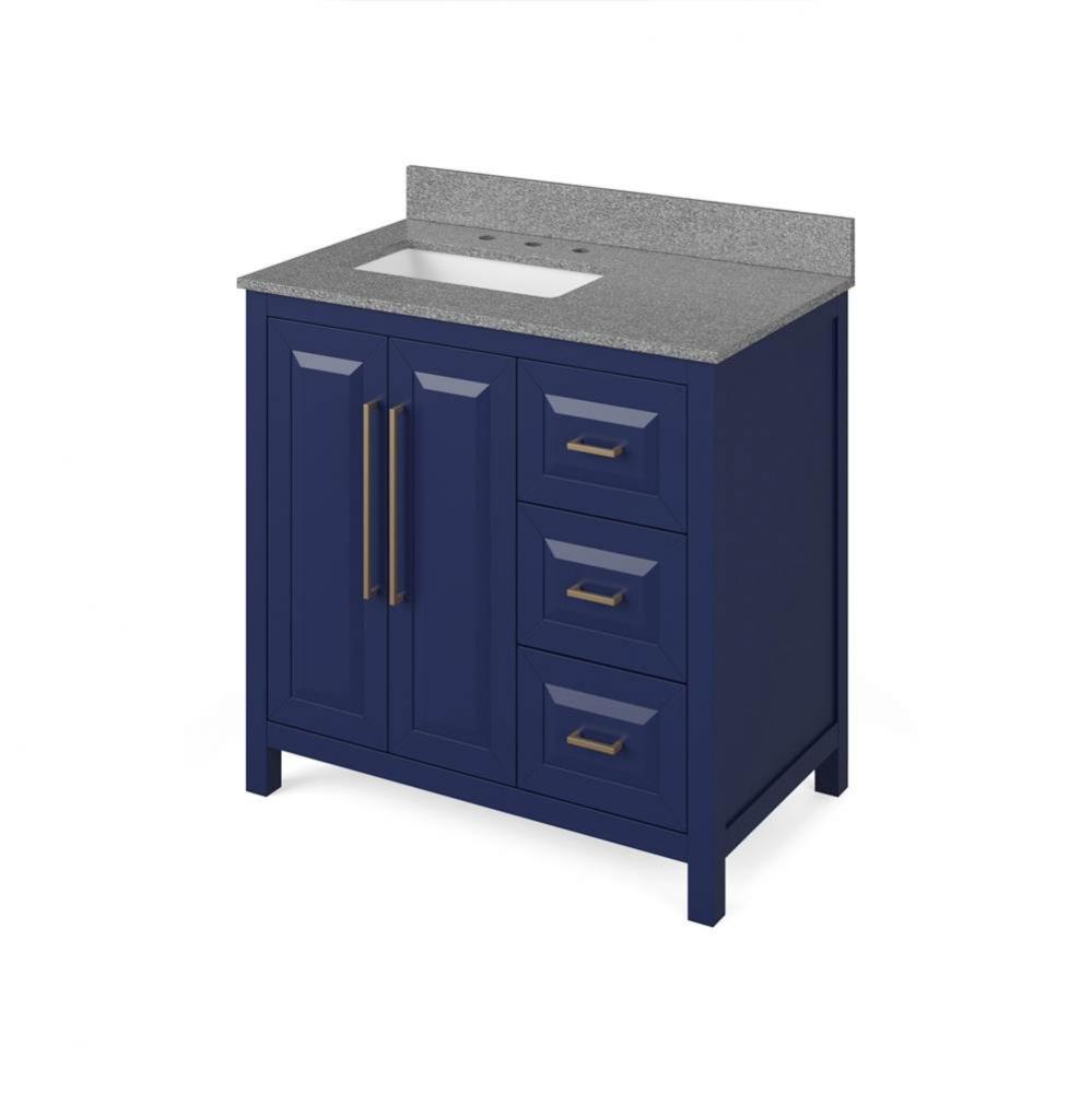 36'' Hale Blue Cade Vanity, left offset, Steel Grey Cultured Marble Vanity Top, undermou