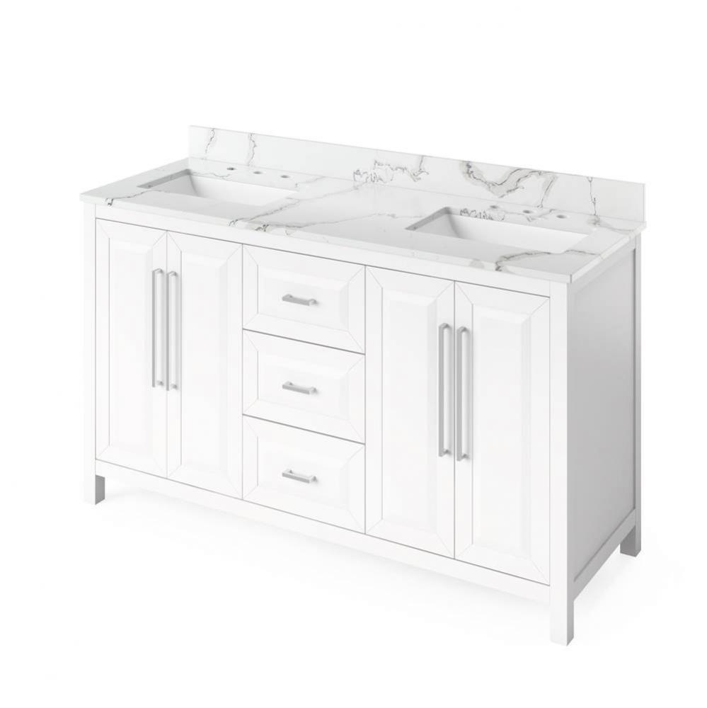 60'' White Cade Vanity, double bowl, Calacatta Vienna Quartz Vanity Top, undermount rect