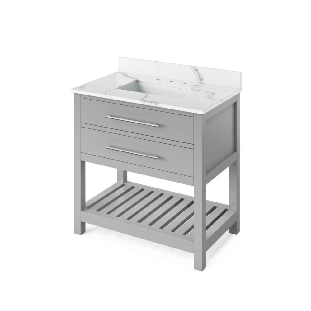 36'' Grey Wavecrest Vanity, Calacatta Vienna Quartz Vanity Top, undermount rectangle bow