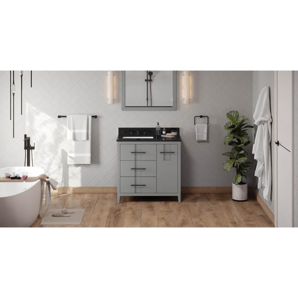 36'' Grey Katara Vanity, Left Offset, Black Granite Vanity Top, Undermount Rectangle Bow