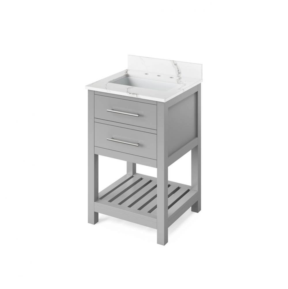 24'' Grey Wavecrest Vanity, Calacatta Vienna Quartz Vanity Top, undermount rectangle bow