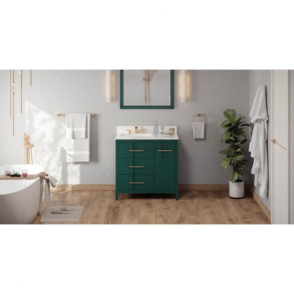 36'' Forest Green Katara Vanity, Left Offset, Calacatta Vienna Quartz Vanity Top, Underm
