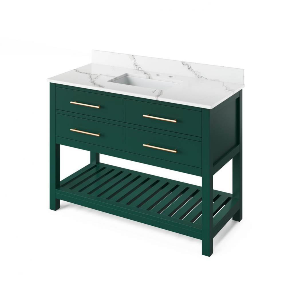 48'' Forest Green Wavecrest Vanity, Calacatta Vienna Quartz Vanity Top, undermount recta