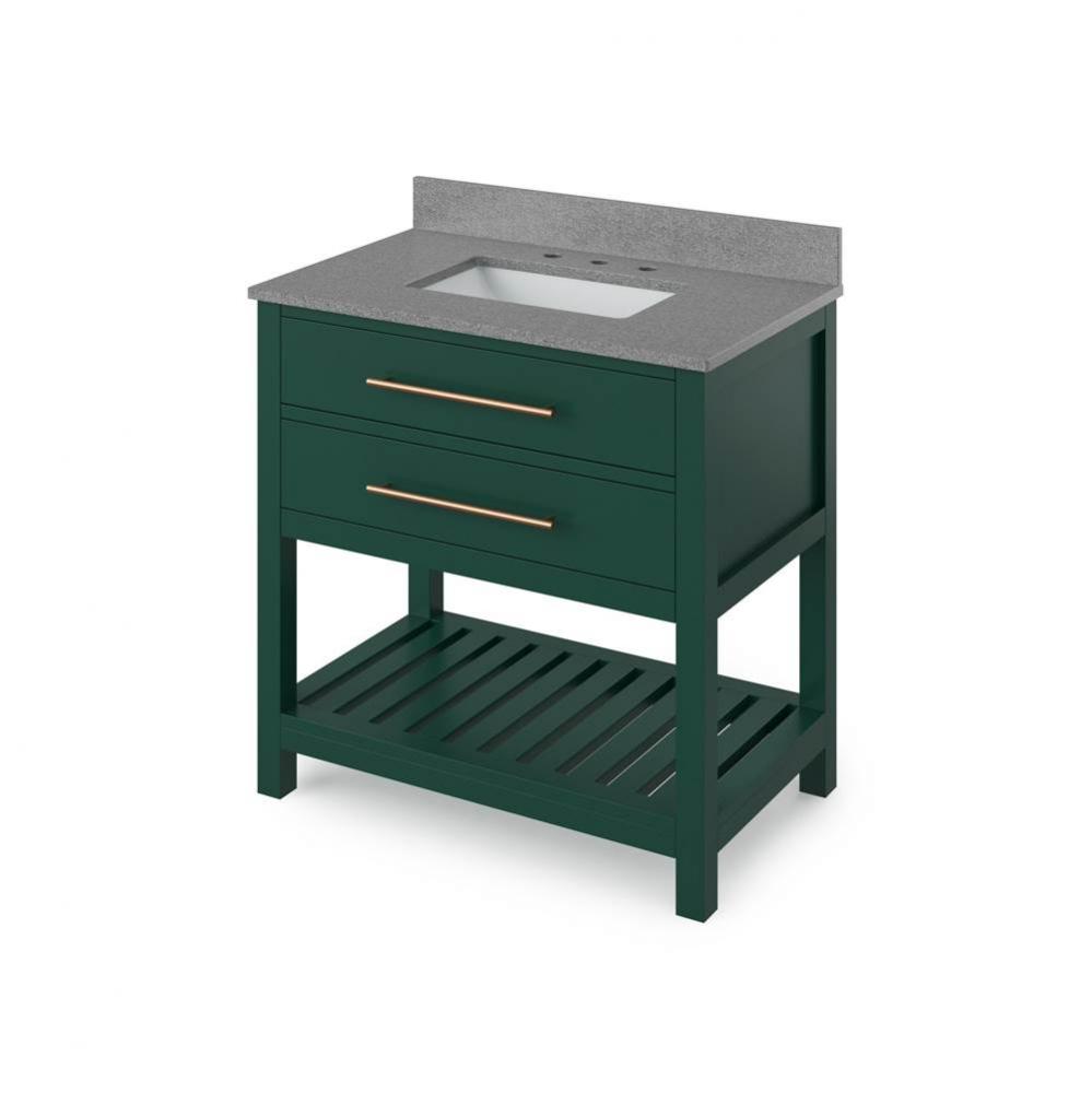 36'' Forest Green Wavecrest Vanity, Steel Grey Cultured Marble Vanity Top, undermount re