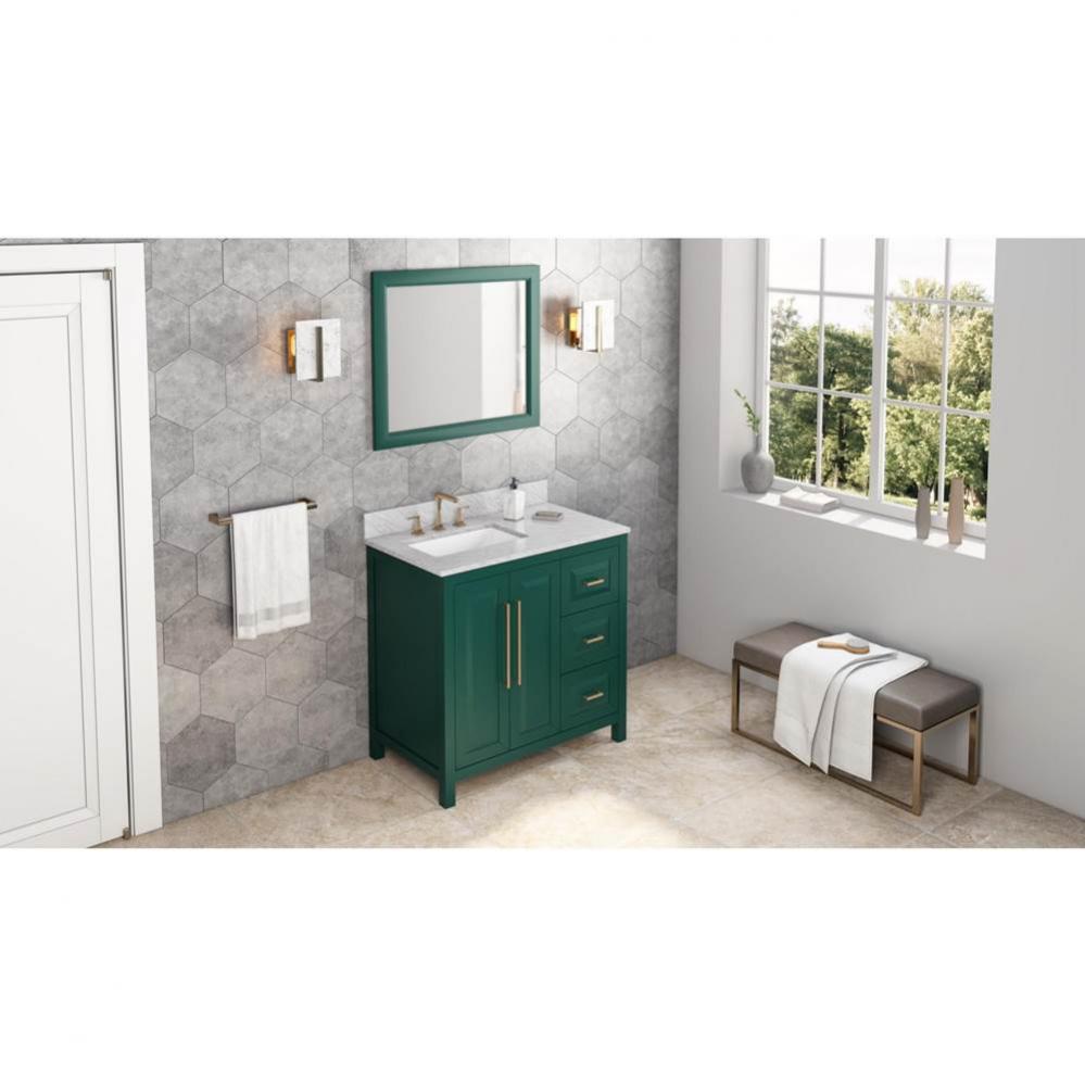 36'' Forest Green Cade Vanity, left offset, White Carrara Marble Vanity Top, undermount