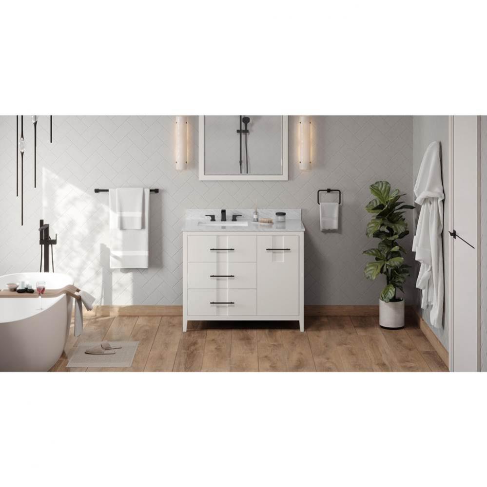 42'' White Katara Vanity, Left Offset, White Carrara Marble Vanity Top, Undermount Recta