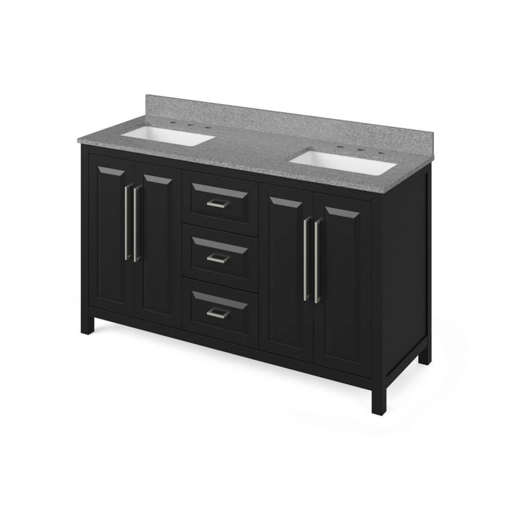 60'' Black Cade Vanity, double bowl, Steel Grey Cultured Marble Vanity Top, two undermou