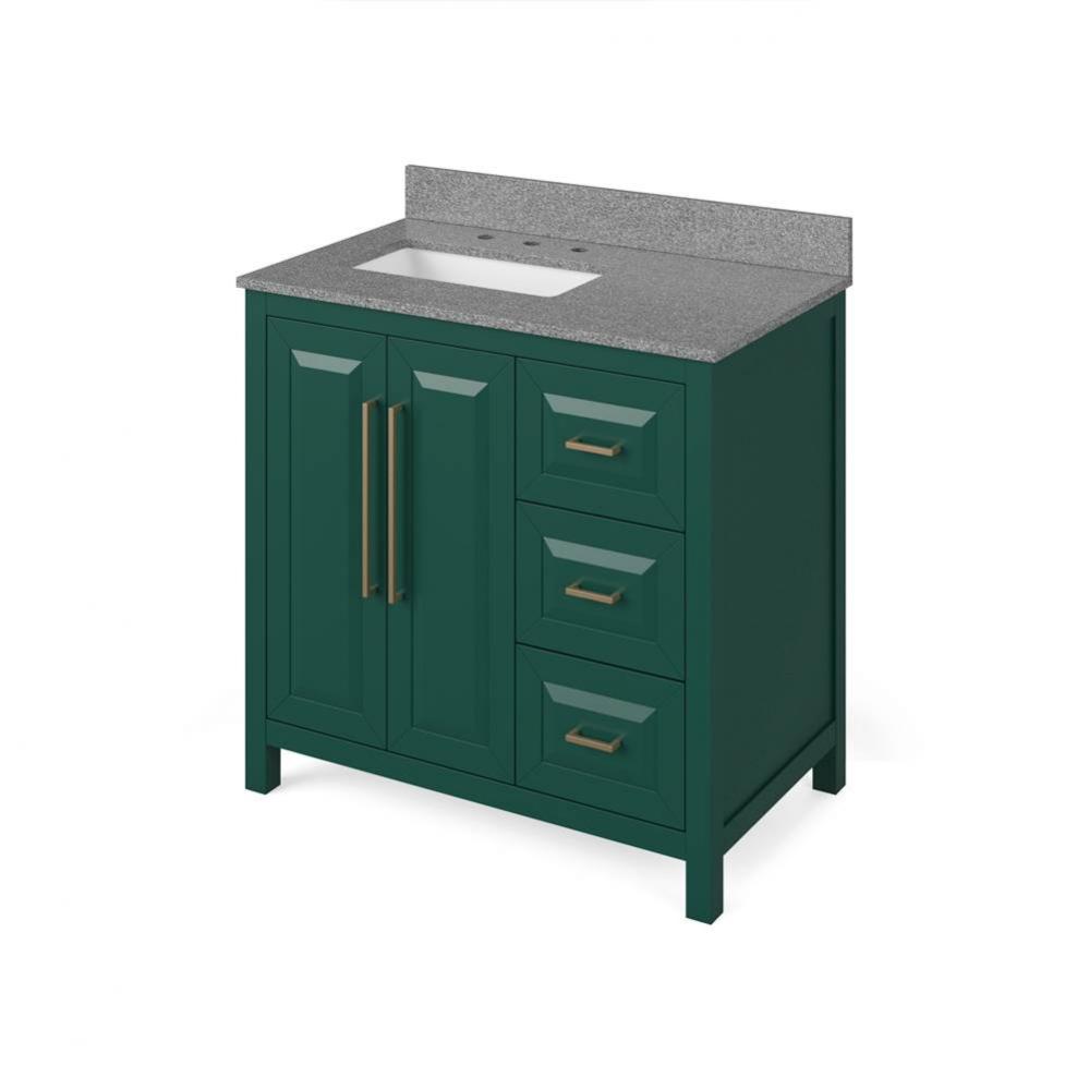 36'' Forest Green Cade Vanity, left offset, Steel Grey Cultured Marble Vanity Top, under