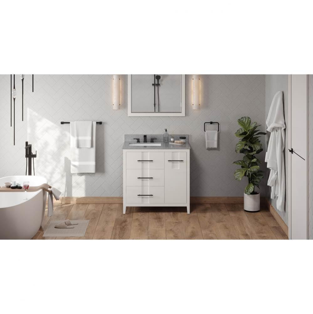 36'' White Katara Vanity, Left Offset, Steel Grey Cultured Marble Vanity Top, Undermount