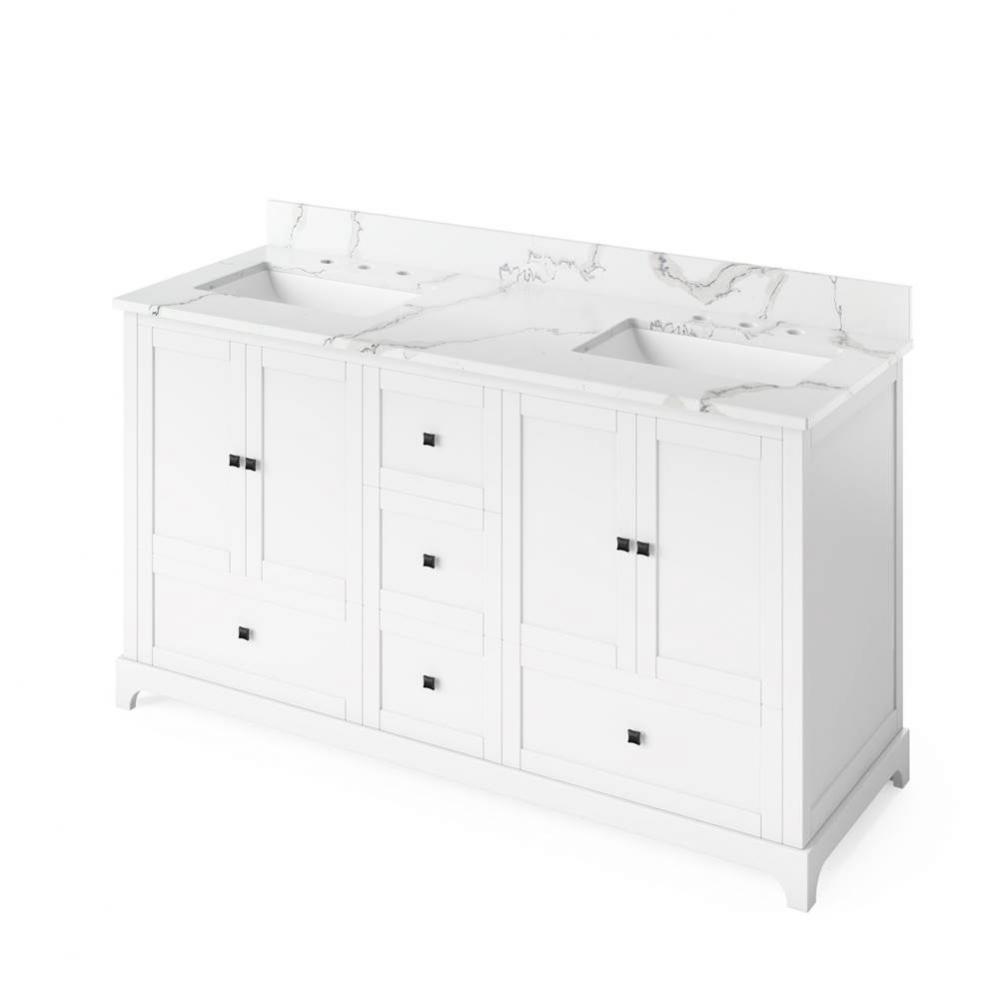 60'' White Addington Vanity, double bowl, Calacatta Vienna Quartz Vanity Top, two underm