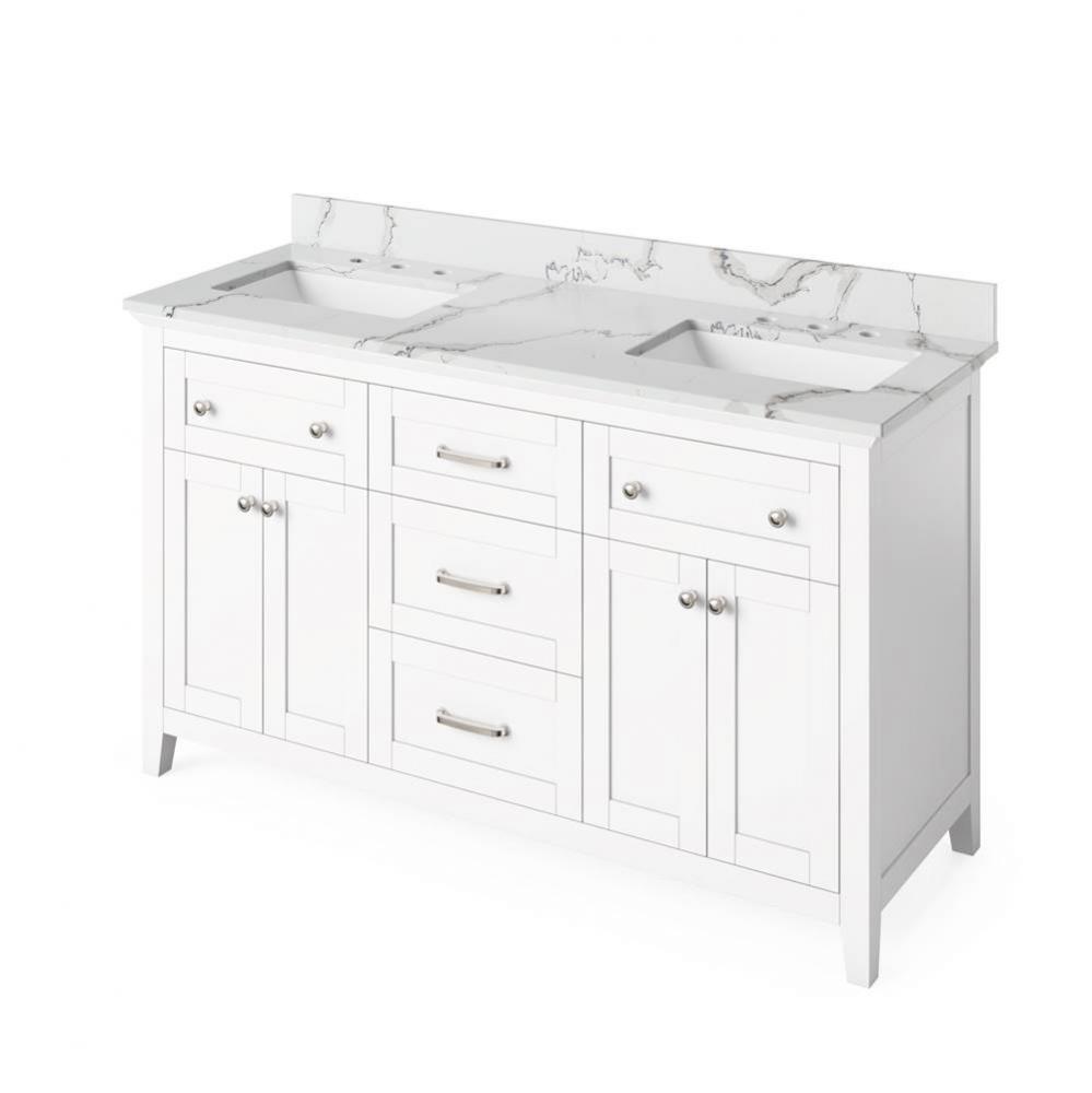 60'' White Chatham Vanity, double bowl, Calacatta Vienna Quartz Vanity Top, two undermou