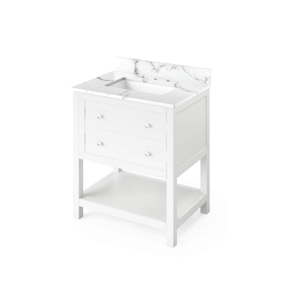 30'' White Astoria Vanity, Calacatta Vienna Quartz Vanity Top, undermount rectangle bowl