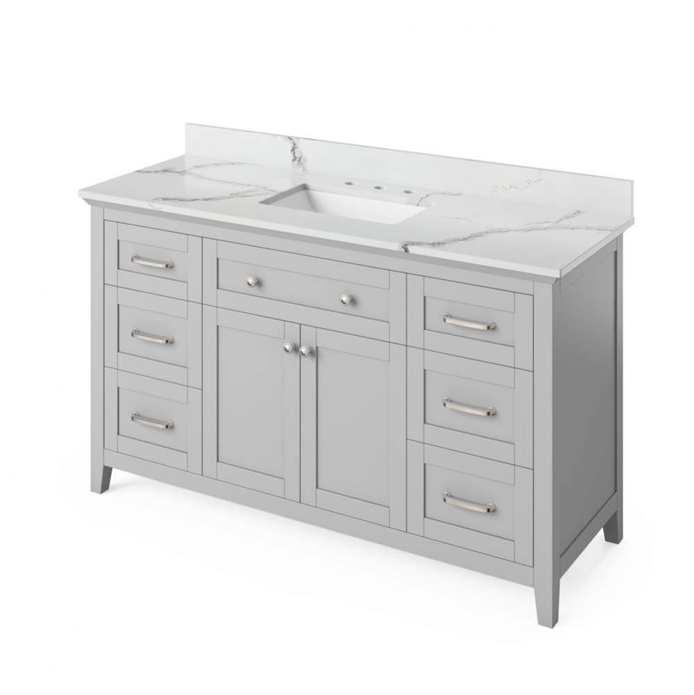 60'' Grey Chatham Vanity, Calacatta Vienna Quartz Vanity Top, undermount rectangle bowl