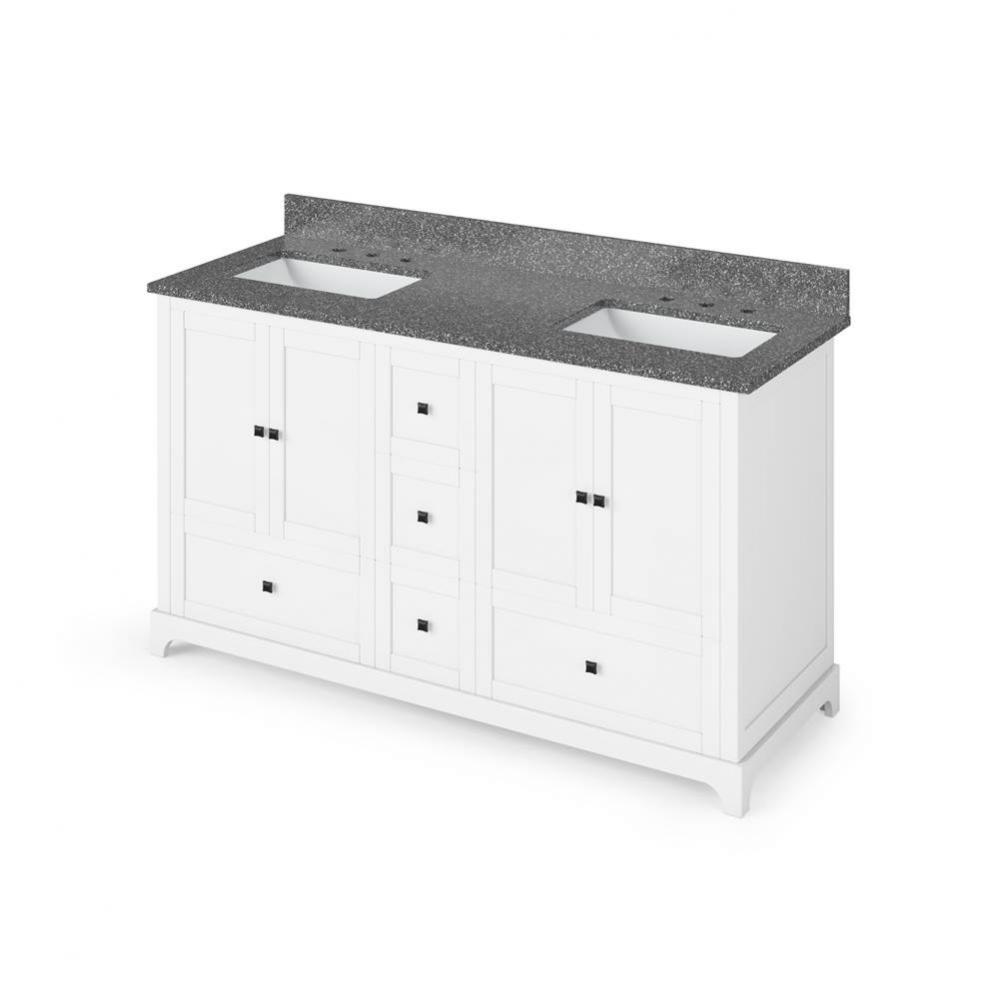 60'' White Addington Vanity, double bowl, Boulder Cultured Marble Vanity Top, two underm