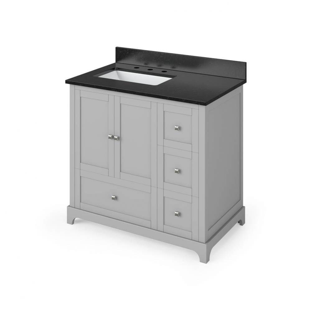 36'' Grey Addington Vanity, left offset, Black Granite Vanity Top, undermount rectangle