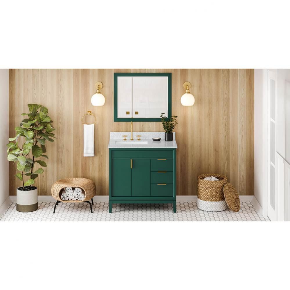 36'' Forest Green Theodora Vanity, Left Offset, White Carrara Marble Vanity Top, Undermo