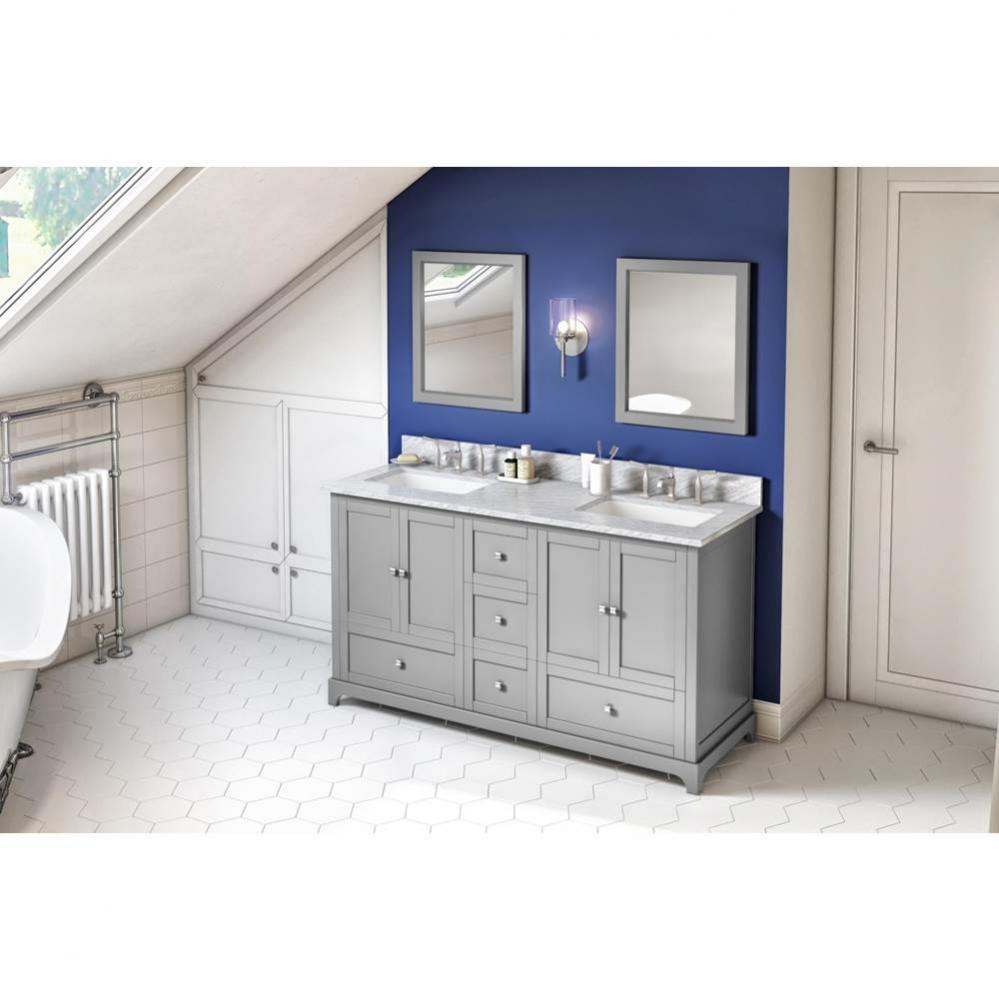 60'' Grey Addington Vanity, double bowl, White Carrara Marble Vanity Top, two undermount