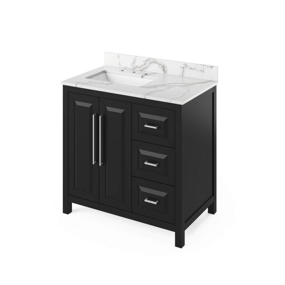 36'' Black Cade Vanity, left offset, Calacatta Vienna Quartz Vanity Top, undermount rect