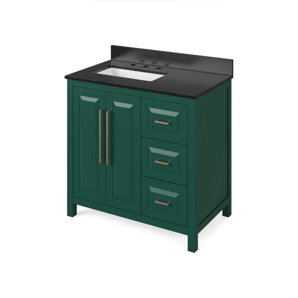 36'' Forest Green Cade Vanity, left offset, Black Granite Vanity Top, undermount rectang