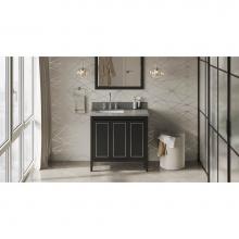 Jeffrey Alexander VKITPER36BKSGR - 36'' Black Percival Vanity, Left Offset, Steel Grey Cultured Marble Vanity Top, Undermou