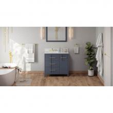 Jeffrey Alexander VKITKAT36BSWCR - 36'' Blue Steel Katara Vanity, Left Offset, White Carrara Marble Vanity Top, Undermount