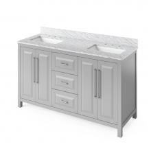 Jeffrey Alexander VKITCAD60GRWCR - 60'' Grey Cade Vanity, double bowl, White Carrara Marble Vanity Top, undermount rectangl