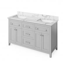 Jeffrey Alexander VKITCHA60GRCQR - 60'' Grey Chatham Vanity, double bowl, Calacatta Vienna Quartz Vanity Top, two undermoun