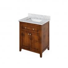 Jeffrey Alexander VKITCHA30CHWCR - 30'' Chocolate Chatham Vanity, White Carrara Marble Vanity Top, undermount rectangle bow