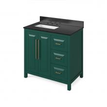 Jeffrey Alexander VKITCAD36GNBGR - 36'' Forest Green Cade Vanity, left offset, Black Granite Vanity Top, undermount rectang