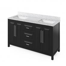 Jeffrey Alexander VKITCAD60BKWCR - 60'' Black Cade Vanity, double bowl, White Carrara Marble Vanity Top, two undermount rec