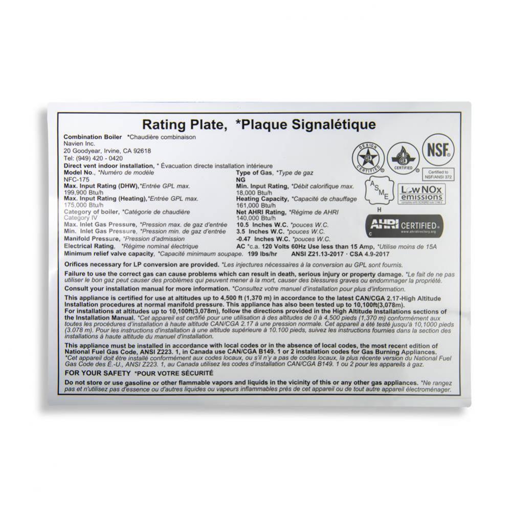 Sticker;RATING PLATE,YUPO,NFC-175