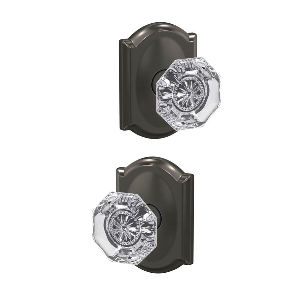 Custom Alexandria Glass Knob with Camelot Trim Hall-Closet and Bed-Bath Lock in Black Stainless