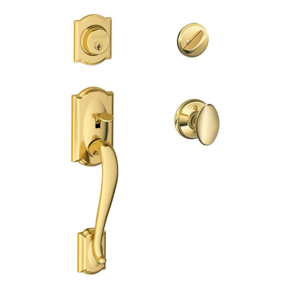 Camelot Handleset with Single Cylinder Deadbolt and Siena Knob in Bright Brass